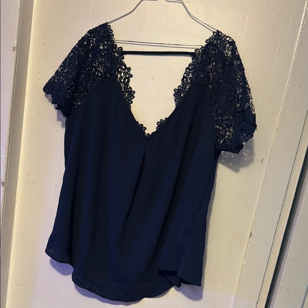 SHEIN Blue Lace V-Neck Blouse